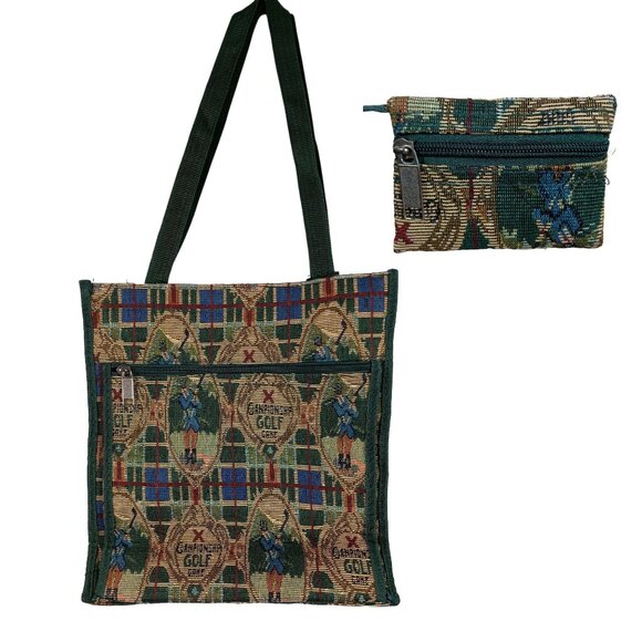 Golf Themed Tapestry Tote Bag With Zippered Pocket & Coin Purse - Picture 1 of 14